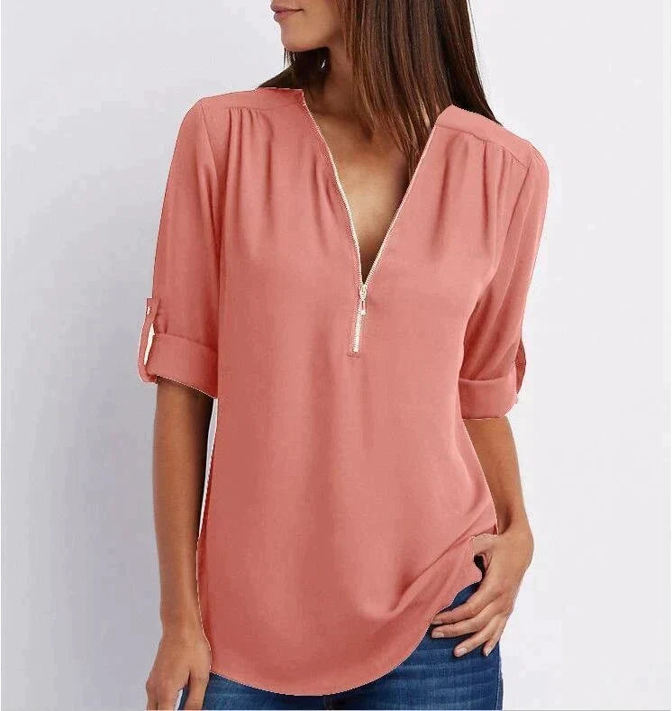 Marta | Blusa taglie forti a maniche 3/4 ampia con cerniera