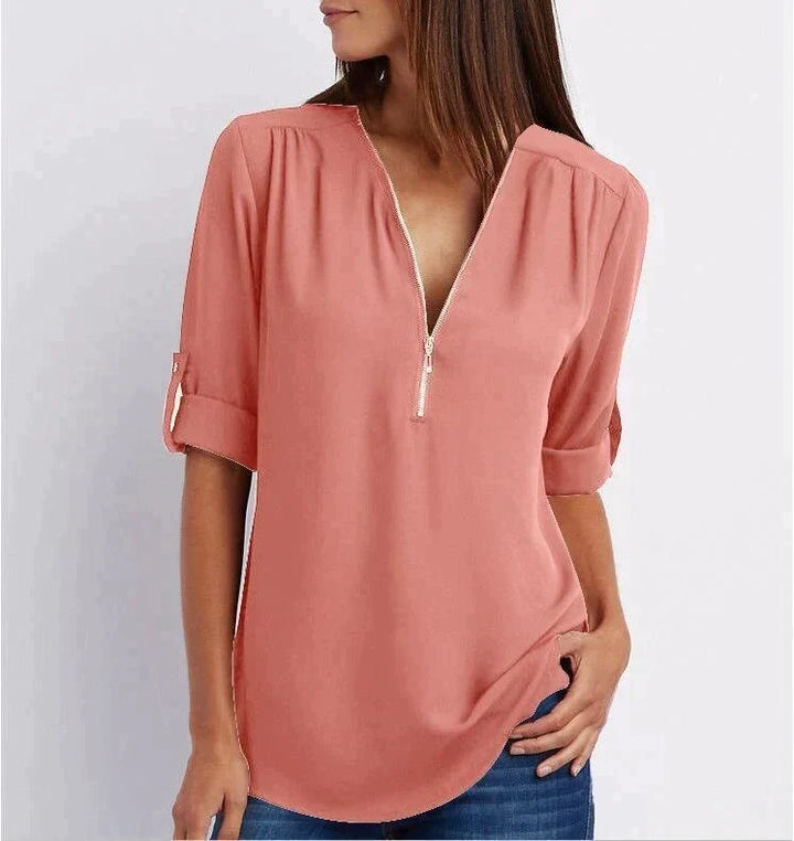 Marta | Blusa taglie forti a maniche 3/4 ampia con cerniera