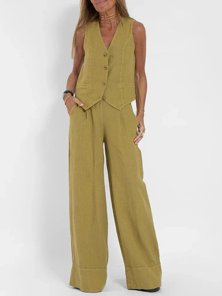 Ensemble deux pièces en lin tweed avec gilet - Élégant et respirant