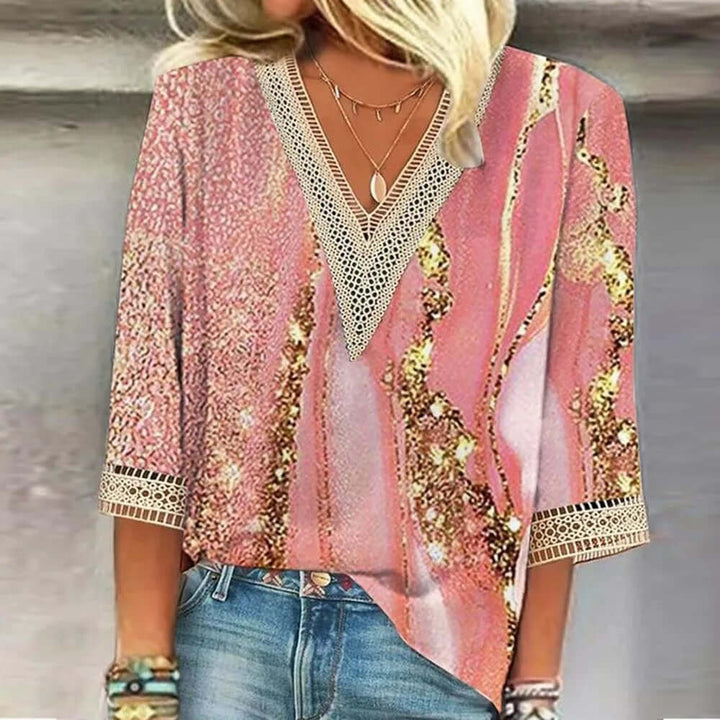 Bedrucktes V-Ausschnitt Boho-Stil Oberteil für Damen | Schick