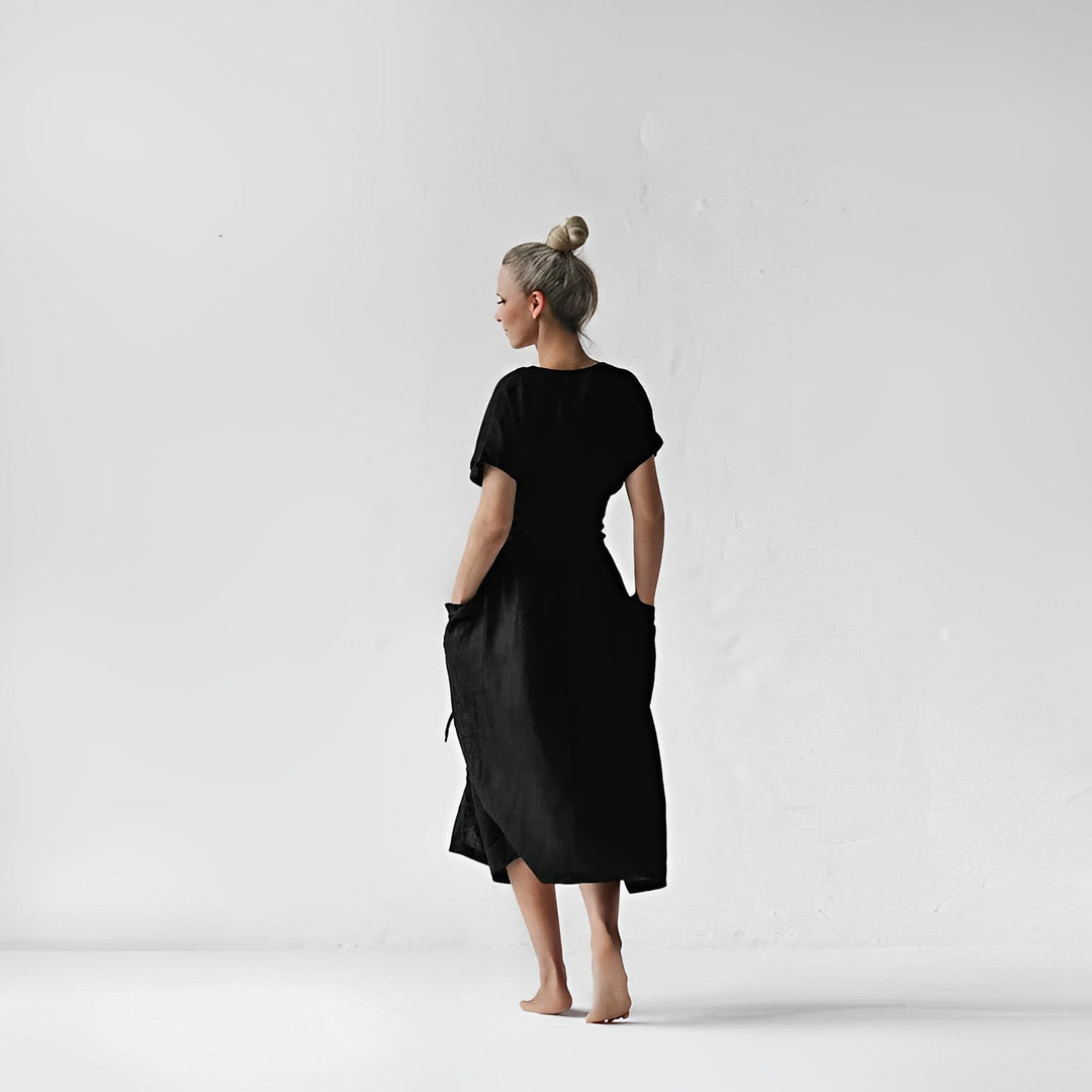 Robe Midi Femme – Style Enveloppant avec Taille Drapée & Grandes Poches – Élégance Minimaliste Décontractée