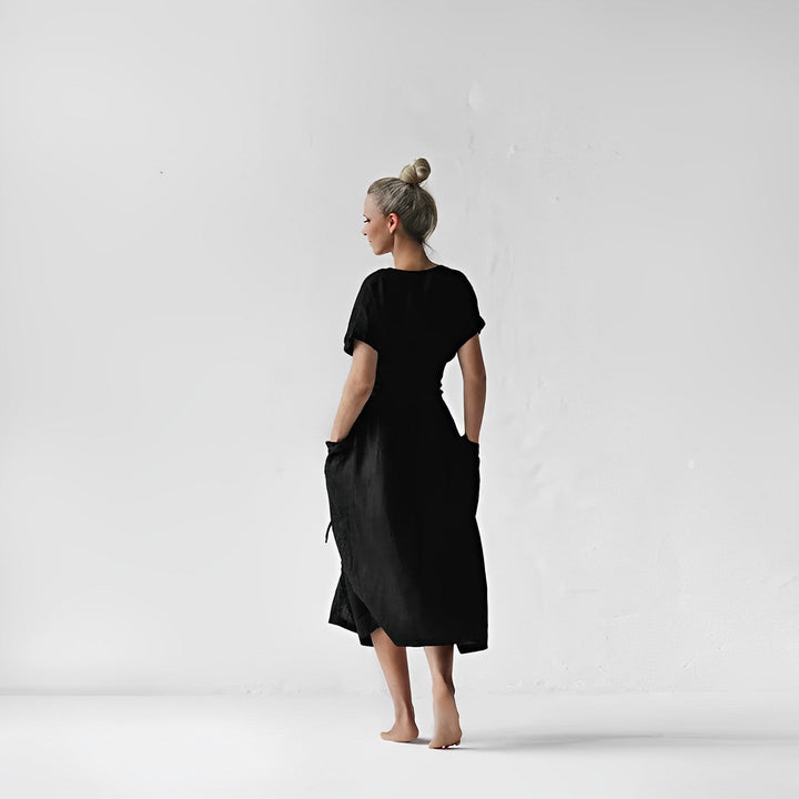 Robe Midi Femme – Style Enveloppant avec Taille Drapée & Grandes Poches – Élégance Minimaliste Décontractée