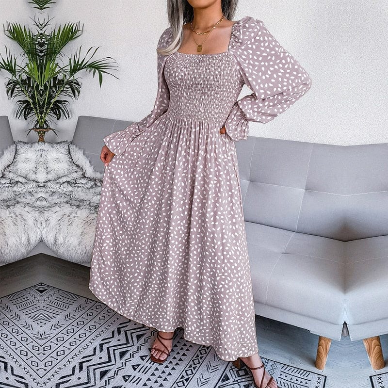 Robe Longue à Manches Bouffantes et Bustier Smocké – Style Doux & Féminin pour Printemps, Maison ou Sorties Décontractées