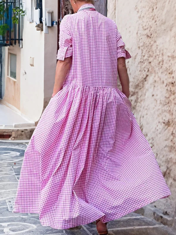 Robe décontractée à manches longues en coton, lin et tissu à carreaux