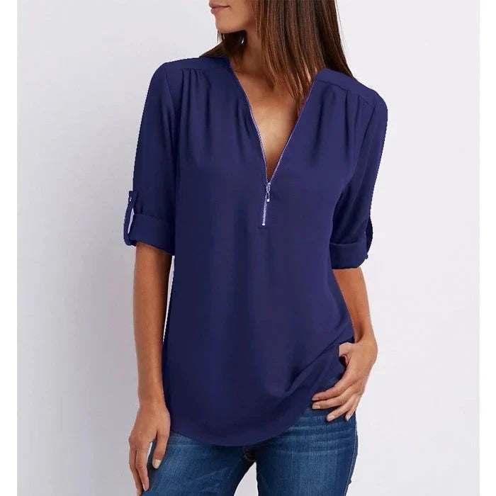 Marta | Blusa taglie forti a maniche 3/4 ampia con cerniera