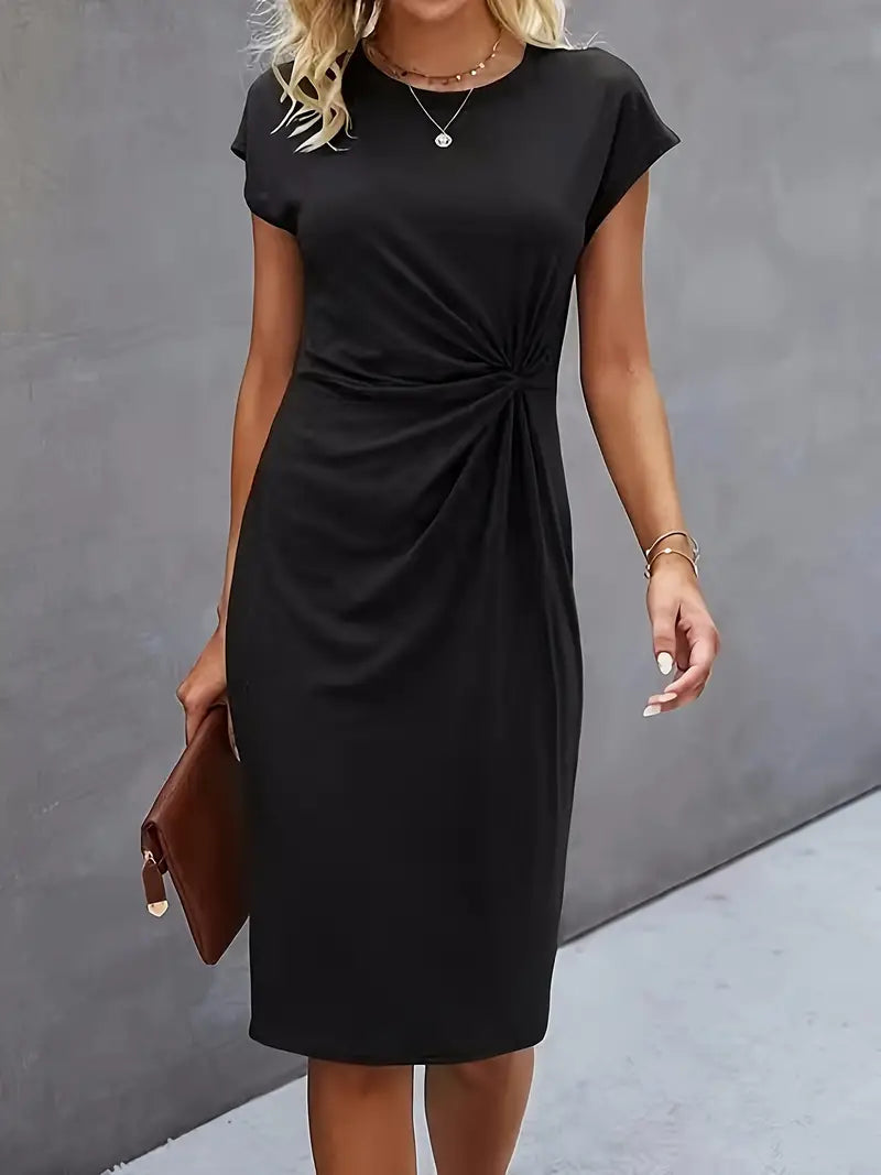 Robe Midi Cintrée Femme – Manches Courtes – Détail Froncé à la Taille – Style Chic et Confortable