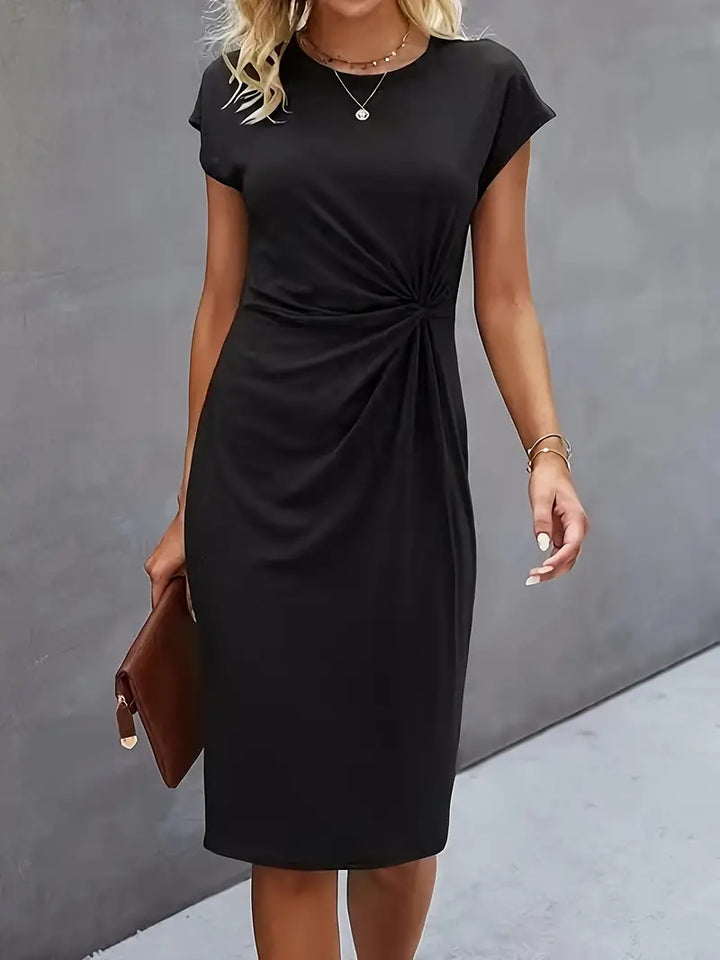 Robe Midi Cintrée Femme – Manches Courtes – Détail Froncé à la Taille – Style Chic et Confortable