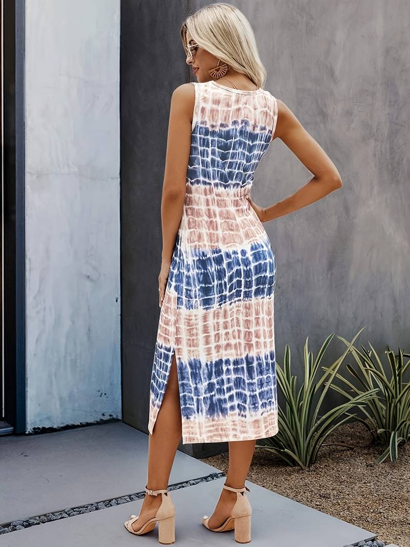 Robe Longue Femme Été – Sans Manches, Col Rond, Fendue, Motif Tie & Dye Bohème