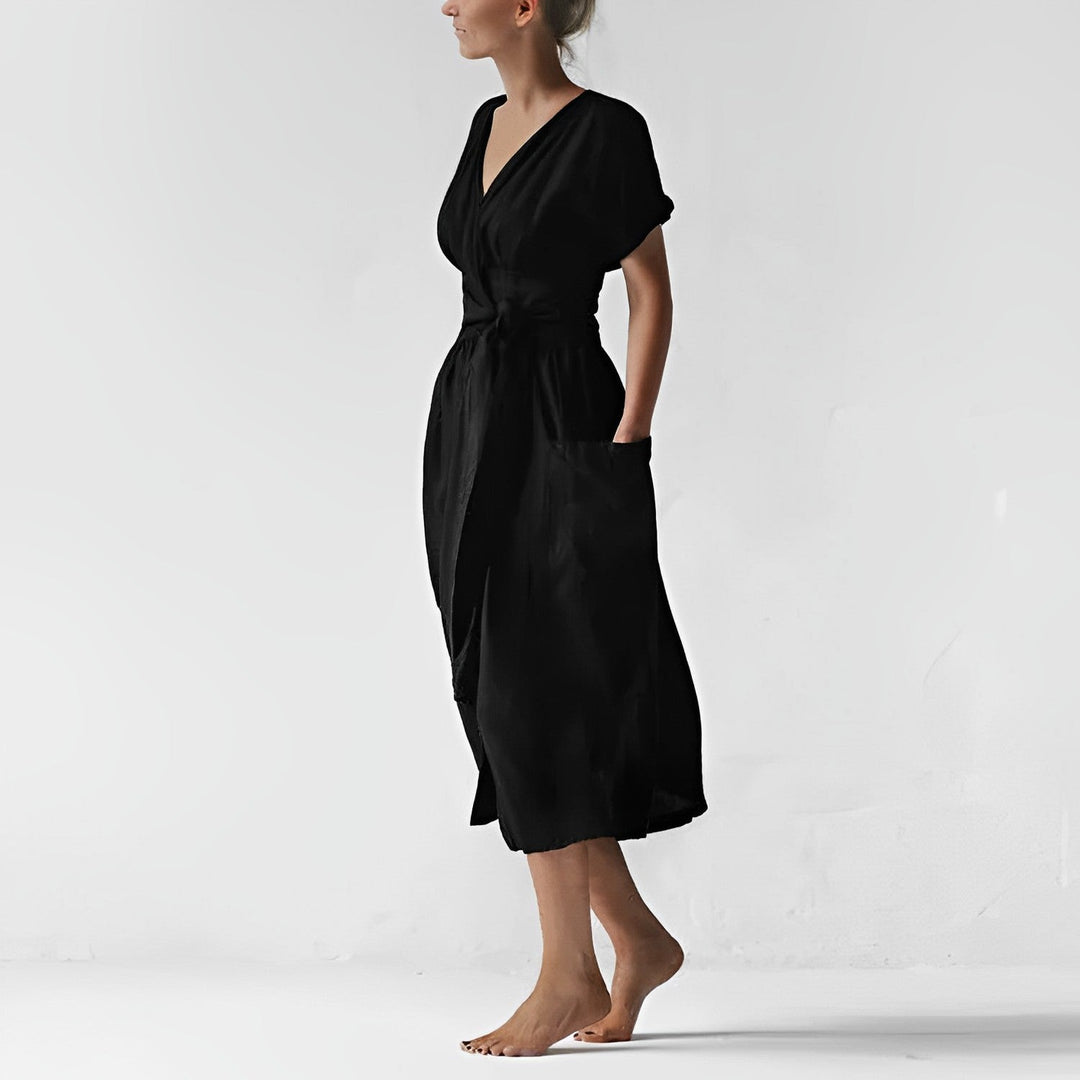 Robe Midi Femme – Style Enveloppant avec Taille Drapée & Grandes Poches – Élégance Minimaliste Décontractée