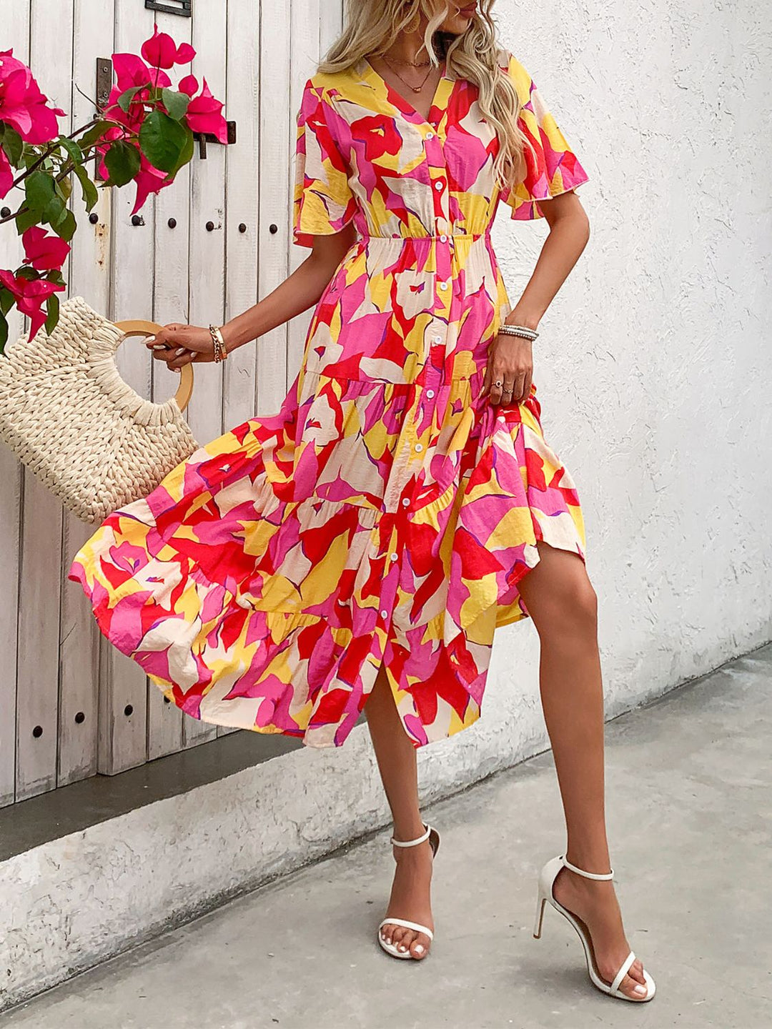 Robe Midi Fleurie Femme – Boutonnée, Ceinturée à Taille Haute avec Manches Courtes