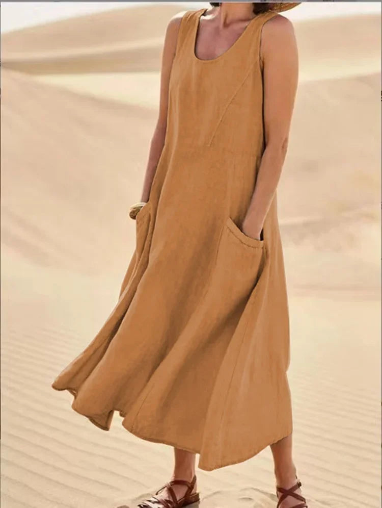 Ärmelloses Kleid aus Baumwolle und Leinen mit Taschen für Damen