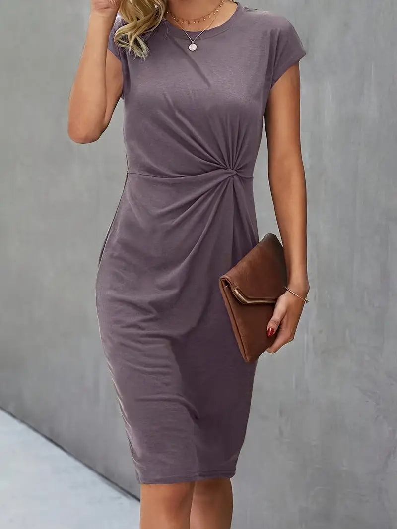 Robe Midi Cintrée Femme – Manches Courtes – Détail Froncé à la Taille – Style Chic et Confortable