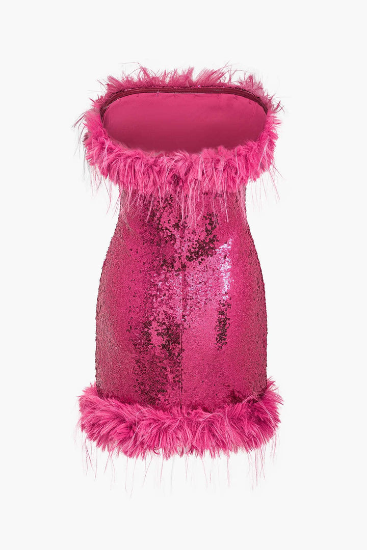 Robe sans manche à paillettes et plumes pour soirée élégante