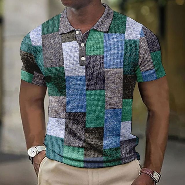 Polo Homme Patchwork Multicolore – Manches Courtes – Design Vintage Brossé – Look Urbain et Décontracté
