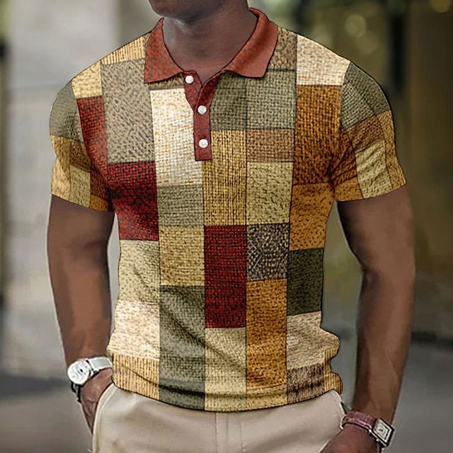 Polo Homme Patchwork Multicolore – Manches Courtes – Design Vintage Brossé – Look Urbain et Décontracté
