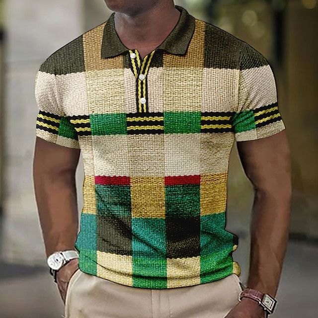 Polo Homme Patchwork Multicolore – Manches Courtes – Design Vintage Brossé – Look Urbain et Décontracté
