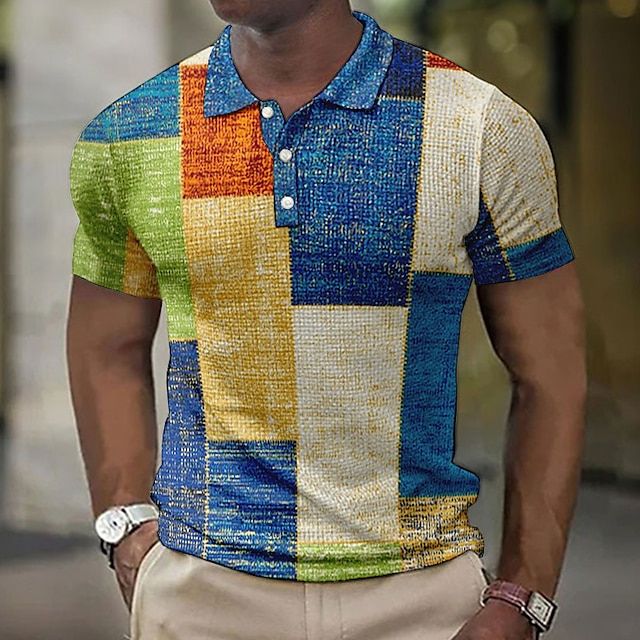 Polo Homme Patchwork Multicolore – Manches Courtes – Design Vintage Brossé – Look Urbain et Décontracté