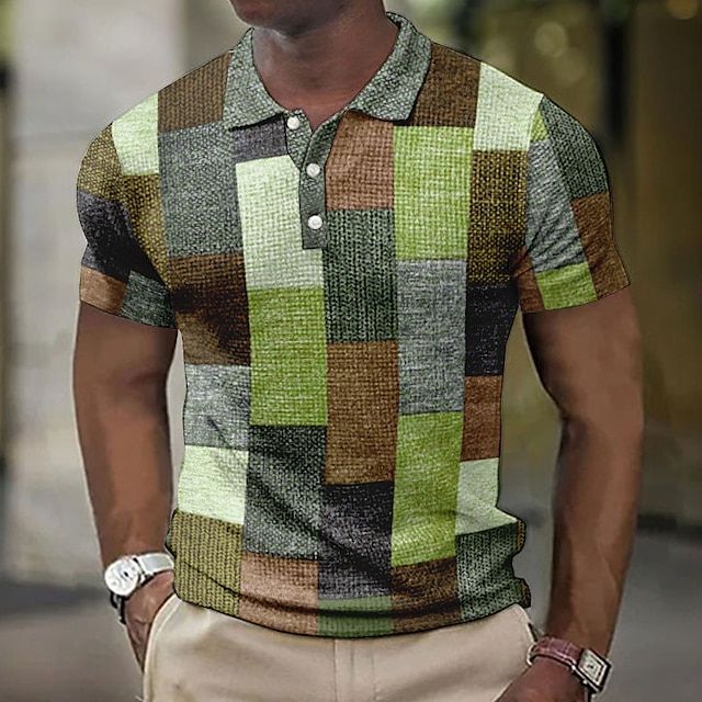 Polo Homme Patchwork Multicolore – Manches Courtes – Design Vintage Brossé – Look Urbain et Décontracté