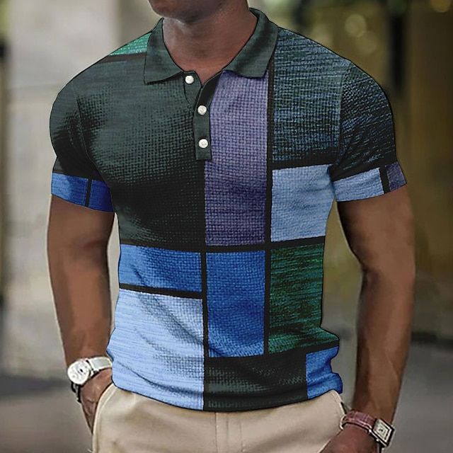 Polo Homme Patchwork Multicolore – Manches Courtes – Design Vintage Brossé – Look Urbain et Décontracté