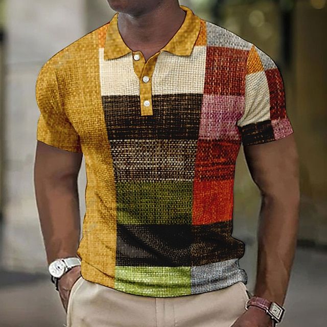 Polo Homme Patchwork Multicolore – Manches Courtes – Design Vintage Brossé – Look Urbain et Décontracté