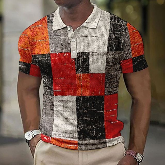 Polo Homme Patchwork Multicolore – Manches Courtes – Design Vintage Brossé – Look Urbain et Décontracté