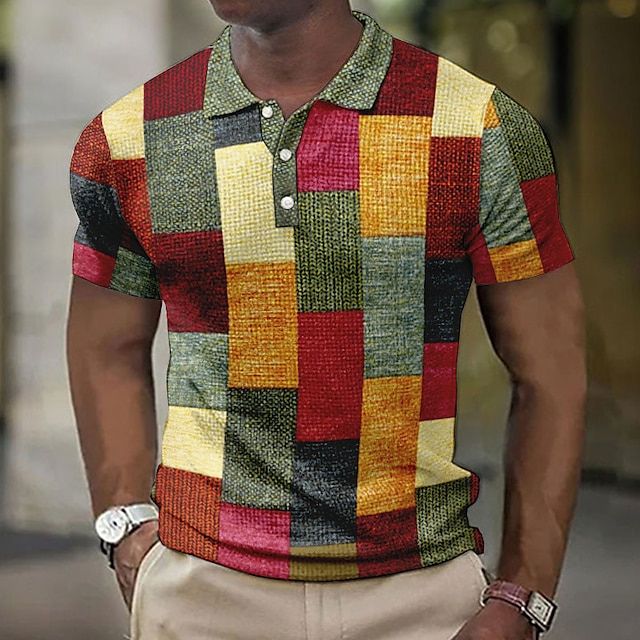 Polo Homme Patchwork Multicolore – Manches Courtes – Design Vintage Brossé – Look Urbain et Décontracté