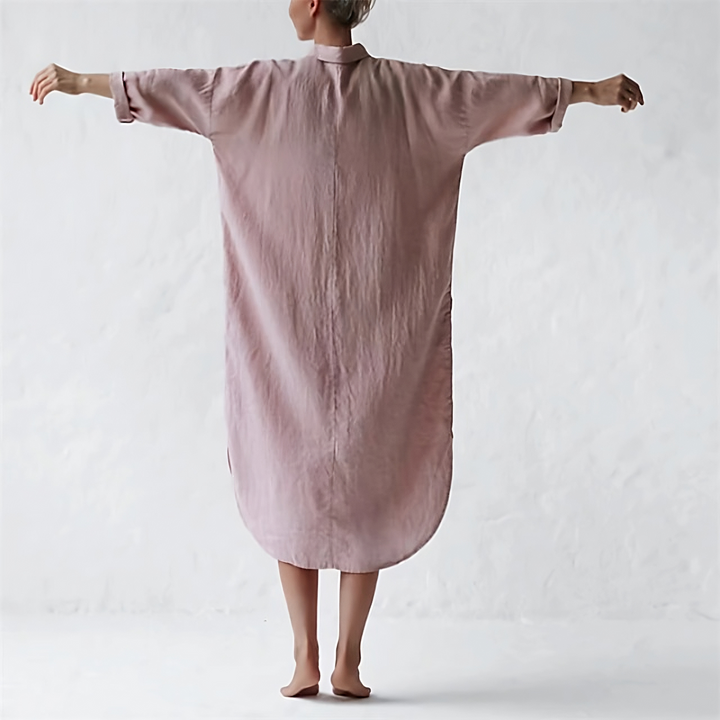 Robe Midi Ample en Lin – Style Décontracté avec Manches 3/4 et Poches – Femme Élégante