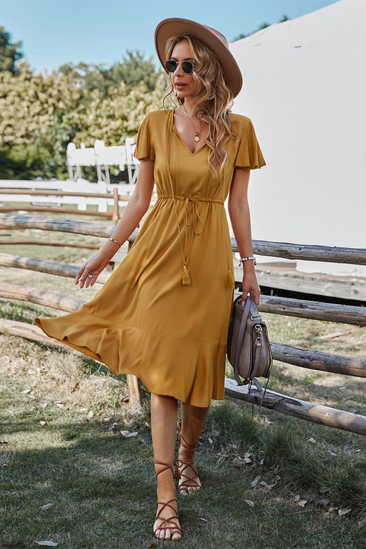 Robe Midi Femme à Manches Courtes – Robe d’Été Bohème avec Taille Élastique et Ourlet Volanté