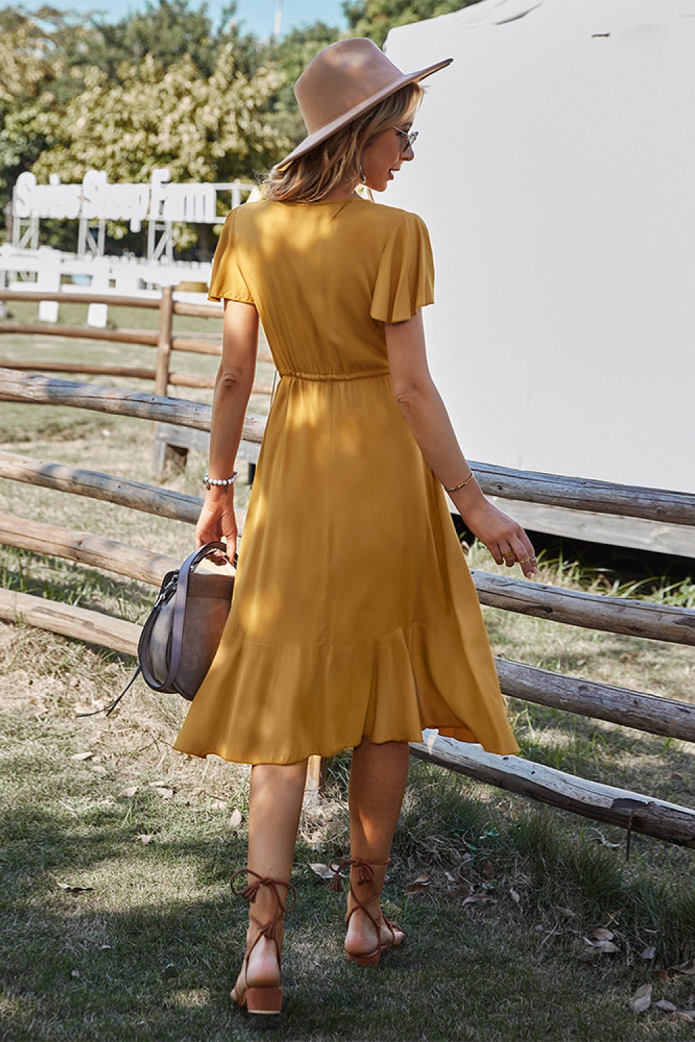 Robe Midi Femme à Manches Courtes – Robe d’Été Bohème avec Taille Élastique et Ourlet Volanté