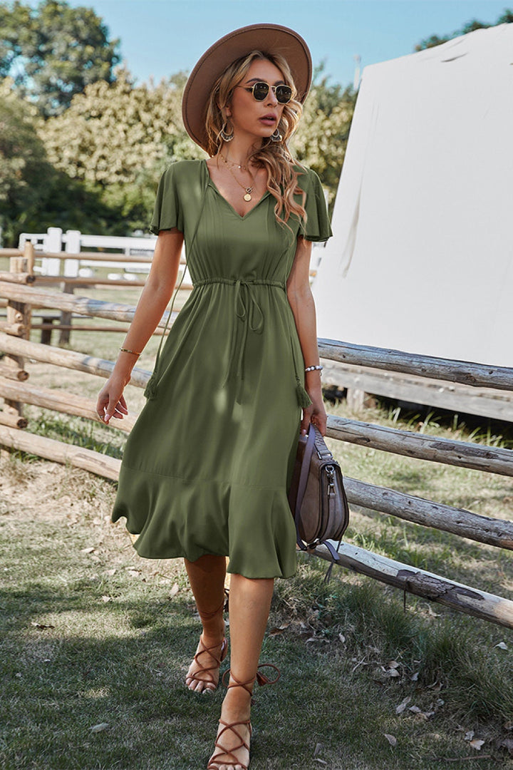 Robe Midi Femme à Manches Courtes – Robe d’Été Bohème avec Taille Élastique et Ourlet Volanté