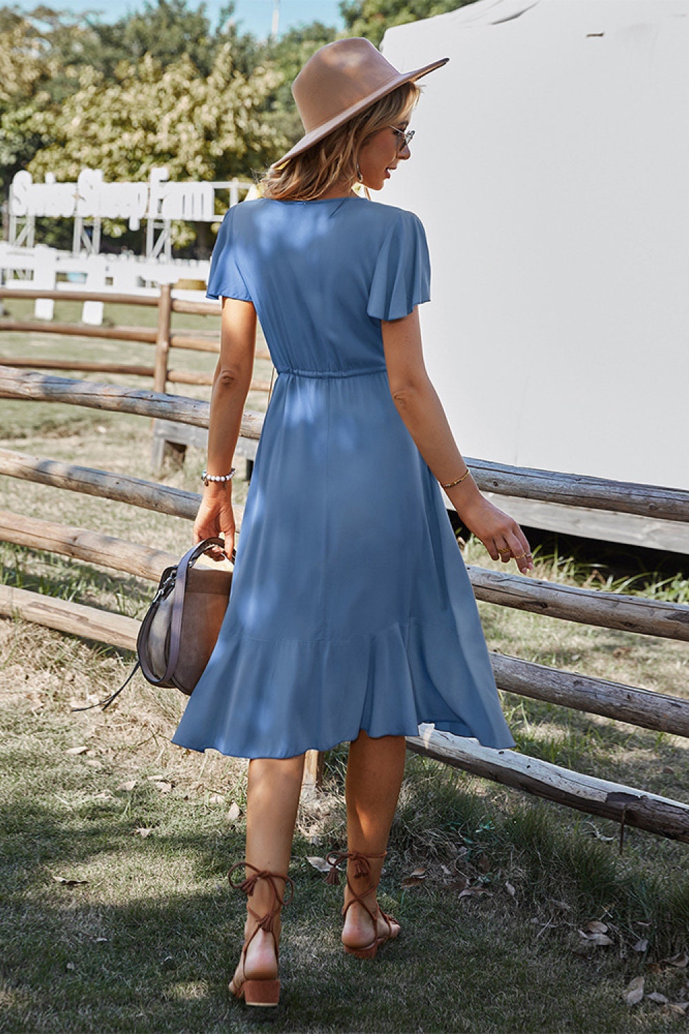 Robe Midi Femme à Manches Courtes – Robe d’Été Bohème avec Taille Élastique et Ourlet Volanté