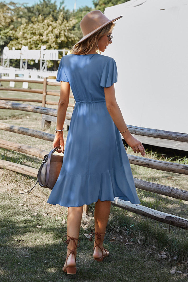 Robe Midi Femme à Manches Courtes – Robe d’Été Bohème avec Taille Élastique et Ourlet Volanté