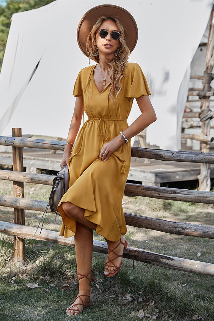 Robe Midi Femme à Manches Courtes – Robe d’Été Bohème avec Taille Élastique et Ourlet Volanté