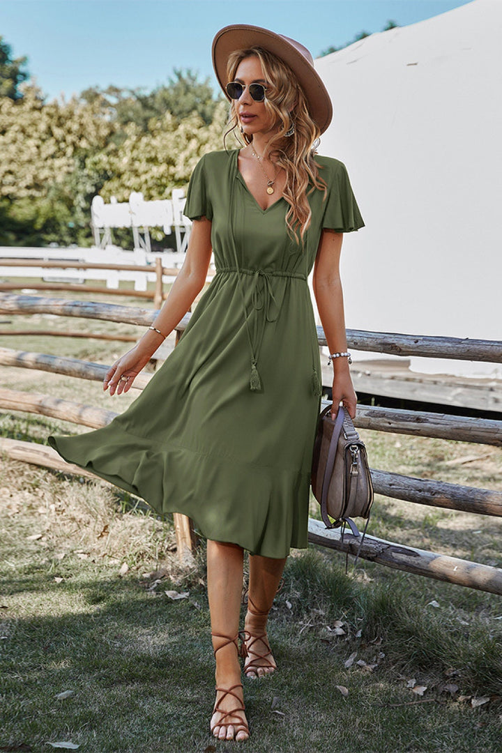Robe Midi Femme à Manches Courtes – Robe d’Été Bohème avec Taille Élastique et Ourlet Volanté