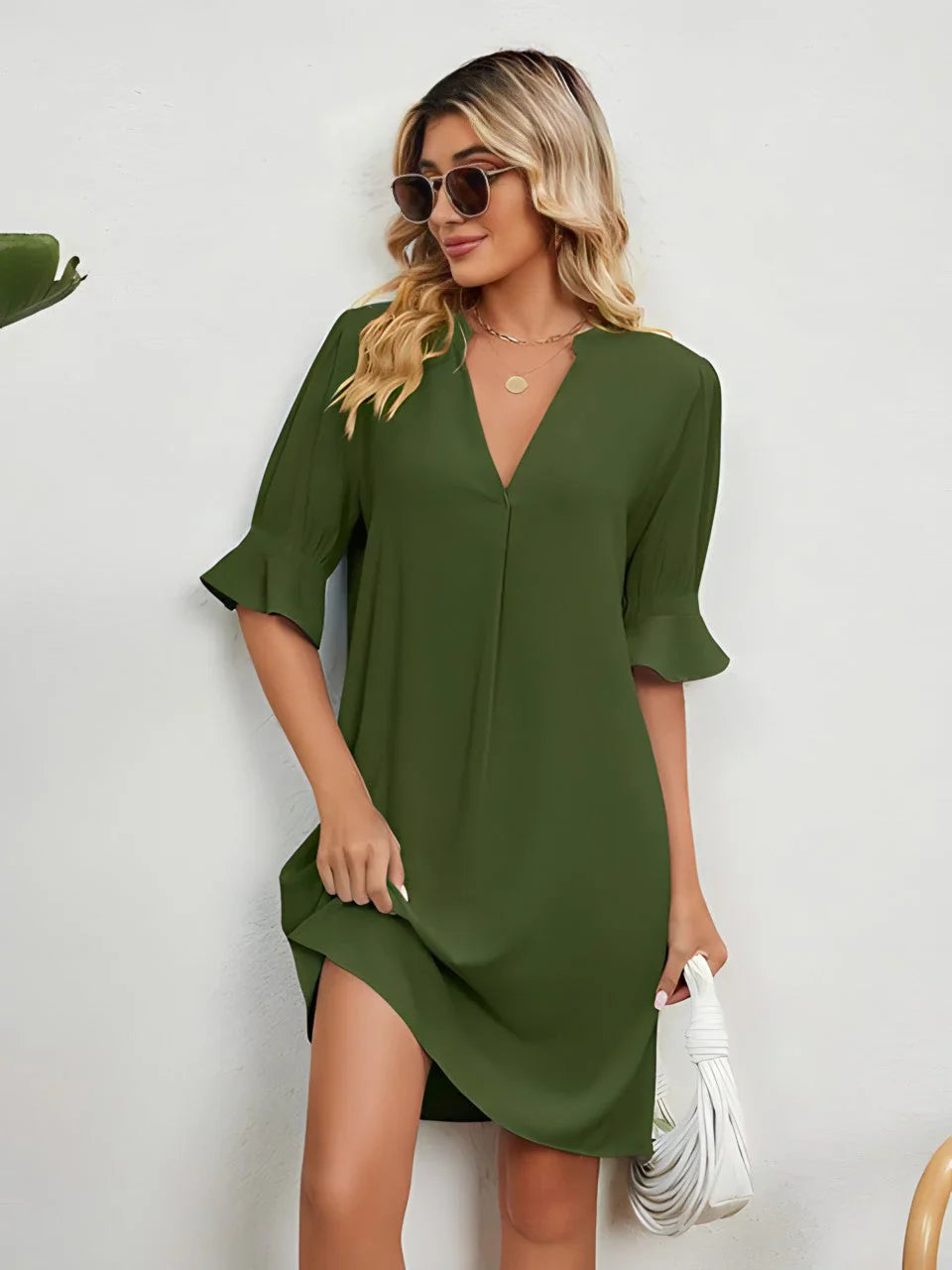 Elegantes Sommerkleid mit 3/4-Ärmeln und tiefem V-Ausschnitt für Damen | Mini