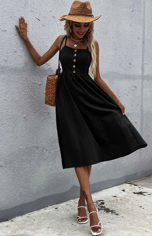 Robe Évasée Femme Été Bretelles Fines – Boutonnée, Style Décontracté Bohème