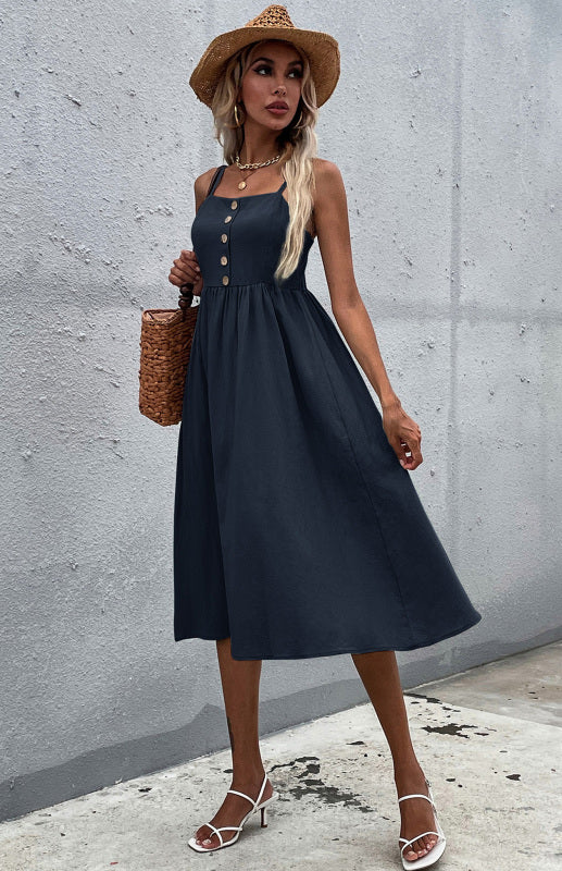Robe Évasée Femme Été Bretelles Fines – Boutonnée, Style Décontracté Bohème