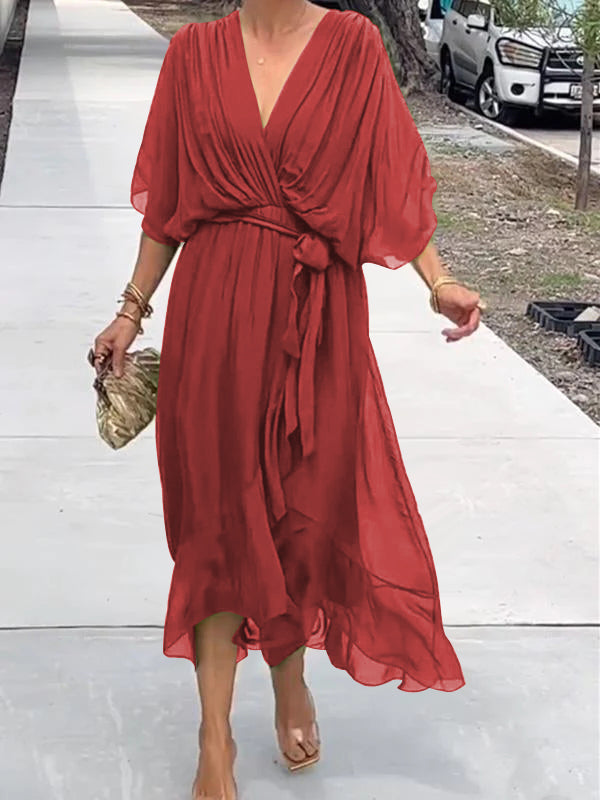 Robe Longue Femme Élégante – Robe Fluide avec Ceinture et Décolleté Cache-Cœur pour Look Chic & Estival