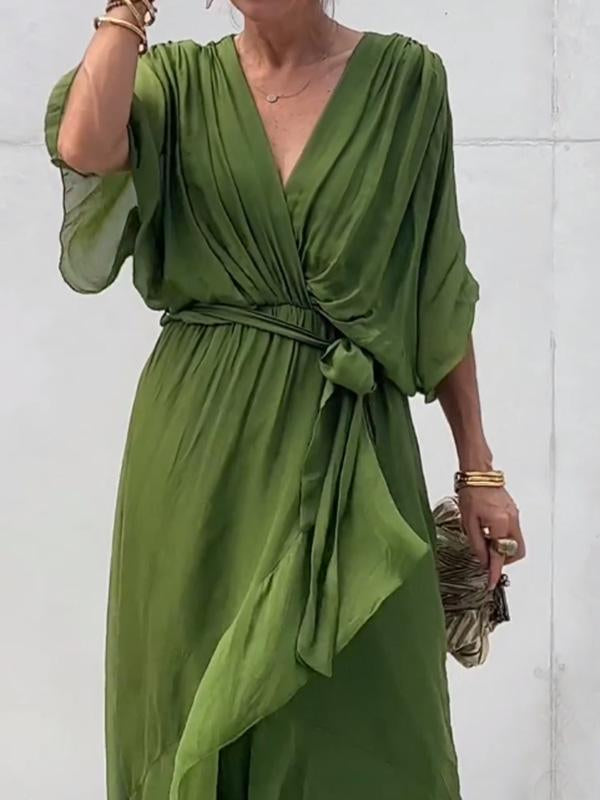 Robe Longue Femme Élégante – Robe Fluide avec Ceinture et Décolleté Cache-Cœur pour Look Chic & Estival