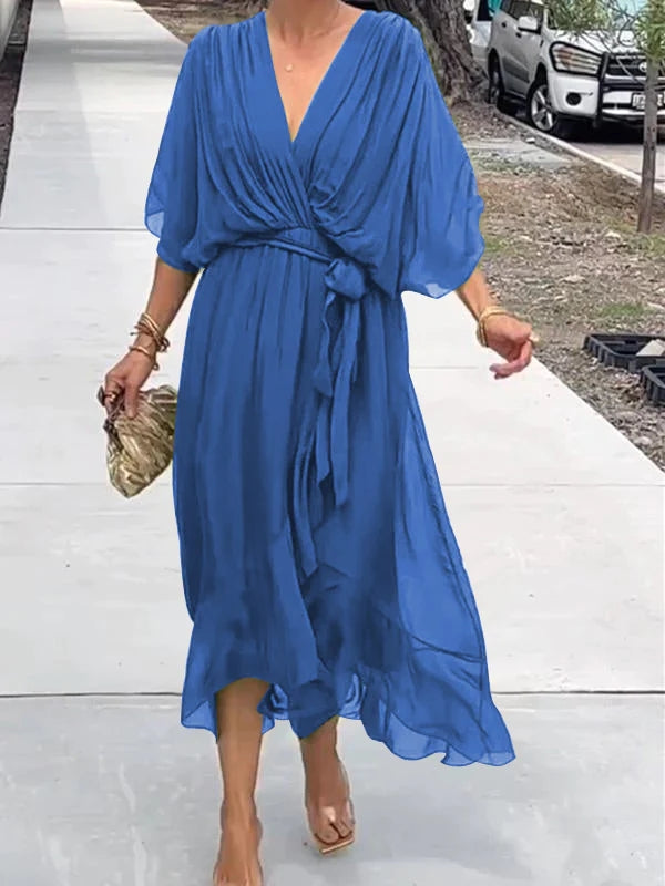 Robe Longue Femme Élégante – Robe Fluide avec Ceinture et Décolleté Cache-Cœur pour Look Chic & Estival