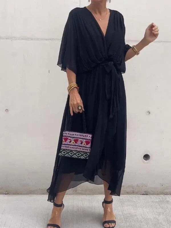 Robe Longue Femme Élégante – Robe Fluide avec Ceinture et Décolleté Cache-Cœur pour Look Chic & Estival