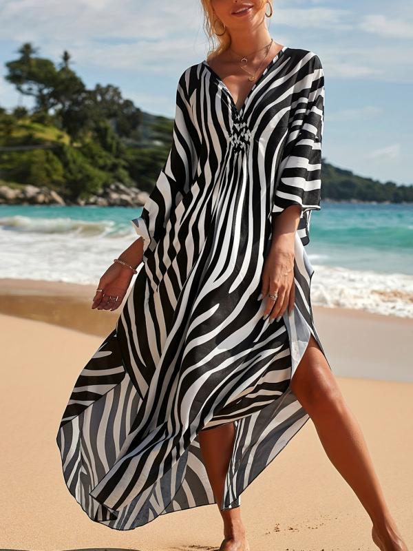 Caftan Long Femme Plage – Robe Kimono Zébrée Fluide à Manches Chauve-Souris