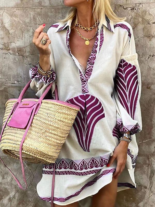 Tunique Bohème Femme à Feuilles – Robe Chemise Décontractée Longue Manche pour Plage ou Été Chic