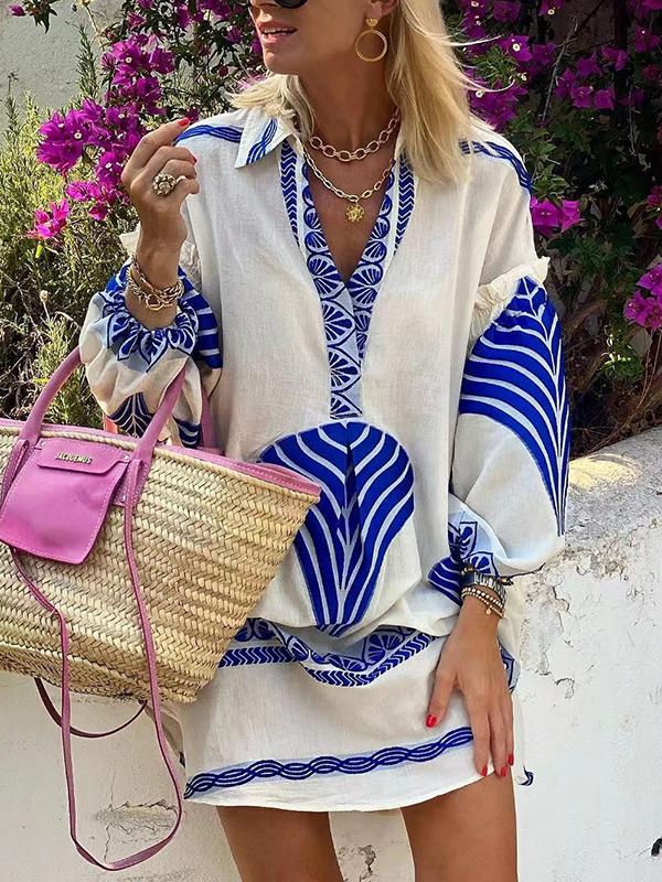 Tunique Bohème Femme à Feuilles – Robe Chemise Décontractée Longue Manche pour Plage ou Été Chic