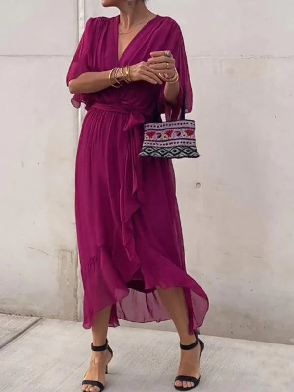 Robe Longue Femme Élégante – Robe Fluide avec Ceinture et Décolleté Cache-Cœur pour Look Chic & Estival