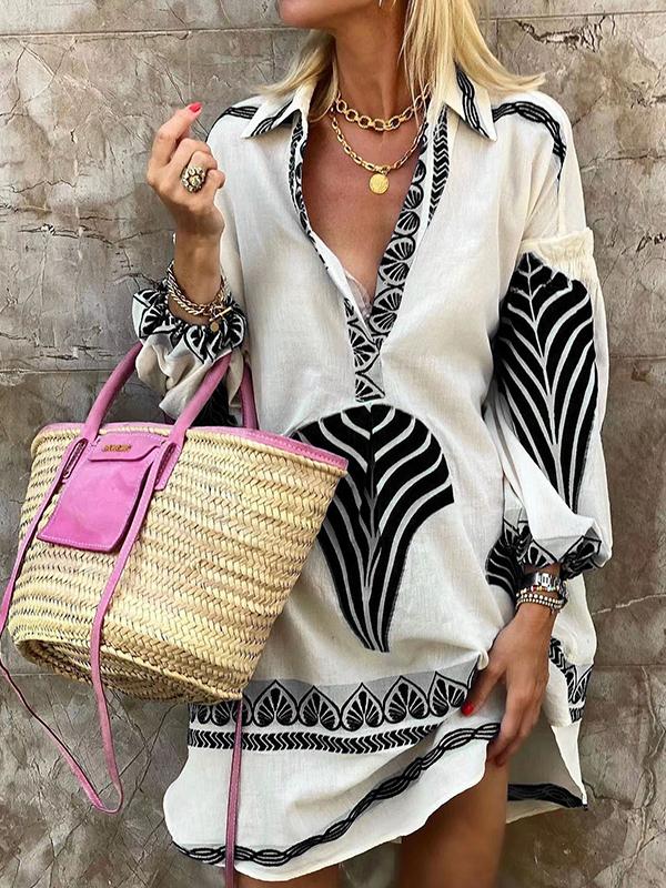 Tunique Bohème Femme à Feuilles – Robe Chemise Décontractée Longue Manche pour Plage ou Été Chic