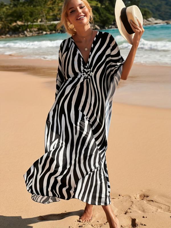 Caftan Long Femme Plage – Robe Kimono Zébrée Fluide à Manches Chauve-Souris