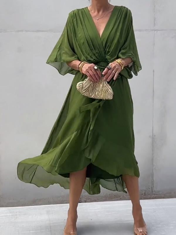 Robe Longue Femme Élégante – Robe Fluide avec Ceinture et Décolleté Cache-Cœur pour Look Chic & Estival