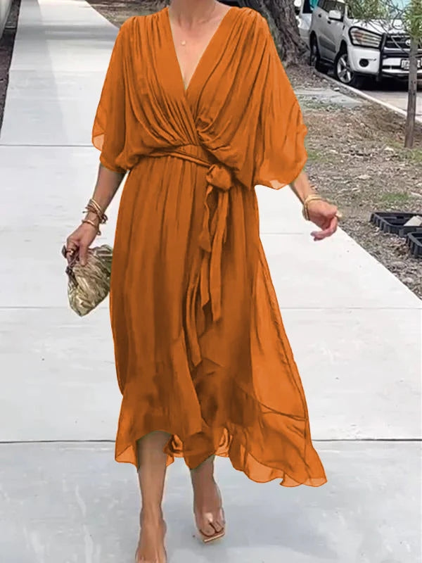 Robe Longue Femme Élégante – Robe Fluide avec Ceinture et Décolleté Cache-Cœur pour Look Chic & Estival