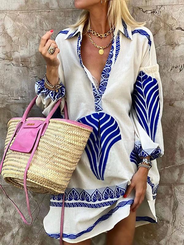 Tunique Bohème Femme à Feuilles – Robe Chemise Décontractée Longue Manche pour Plage ou Été Chic
